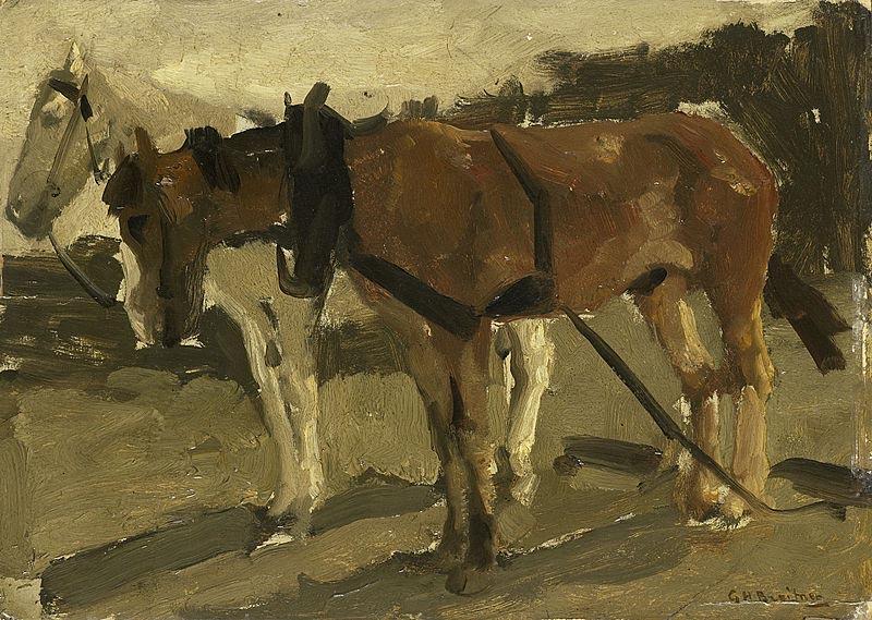 George Hendrik Breitner A Brown and a White Horse in Scheveningen Germany oil painting art